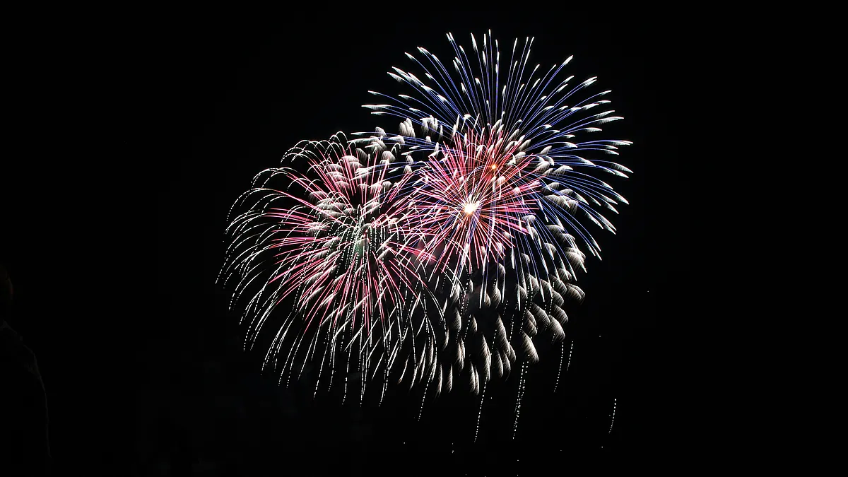 Buntes Feuerwerk in Blau, Rosa und Weiß am schwarzen Nachthimmel