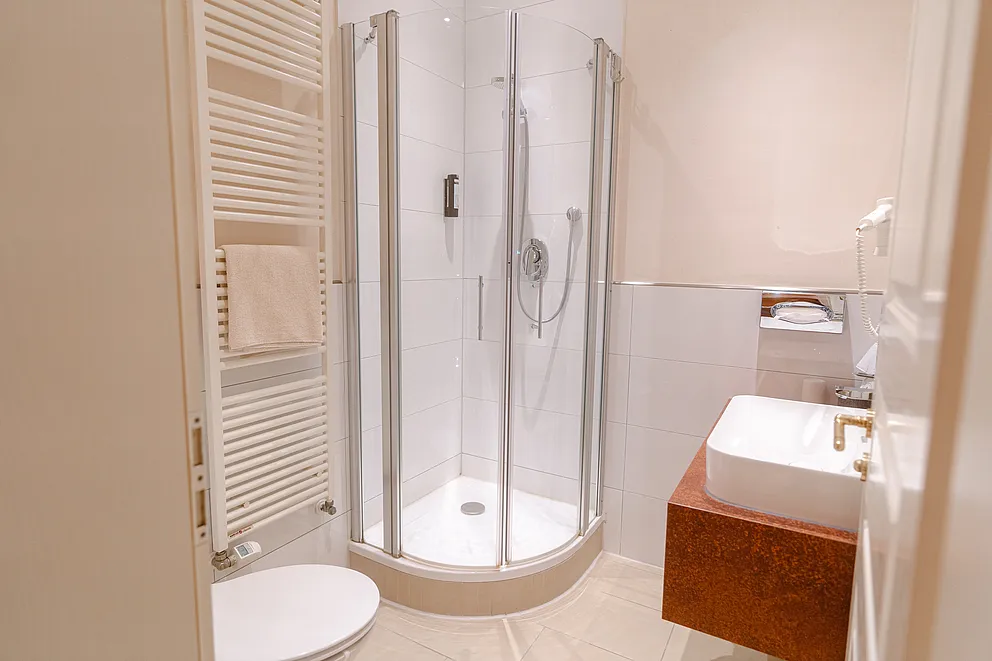 Bad im Standard-Einzelzimmer mit Eckdusche aus Glas, Handtuchheizkörper, WC und Aufsatzwaschbecken