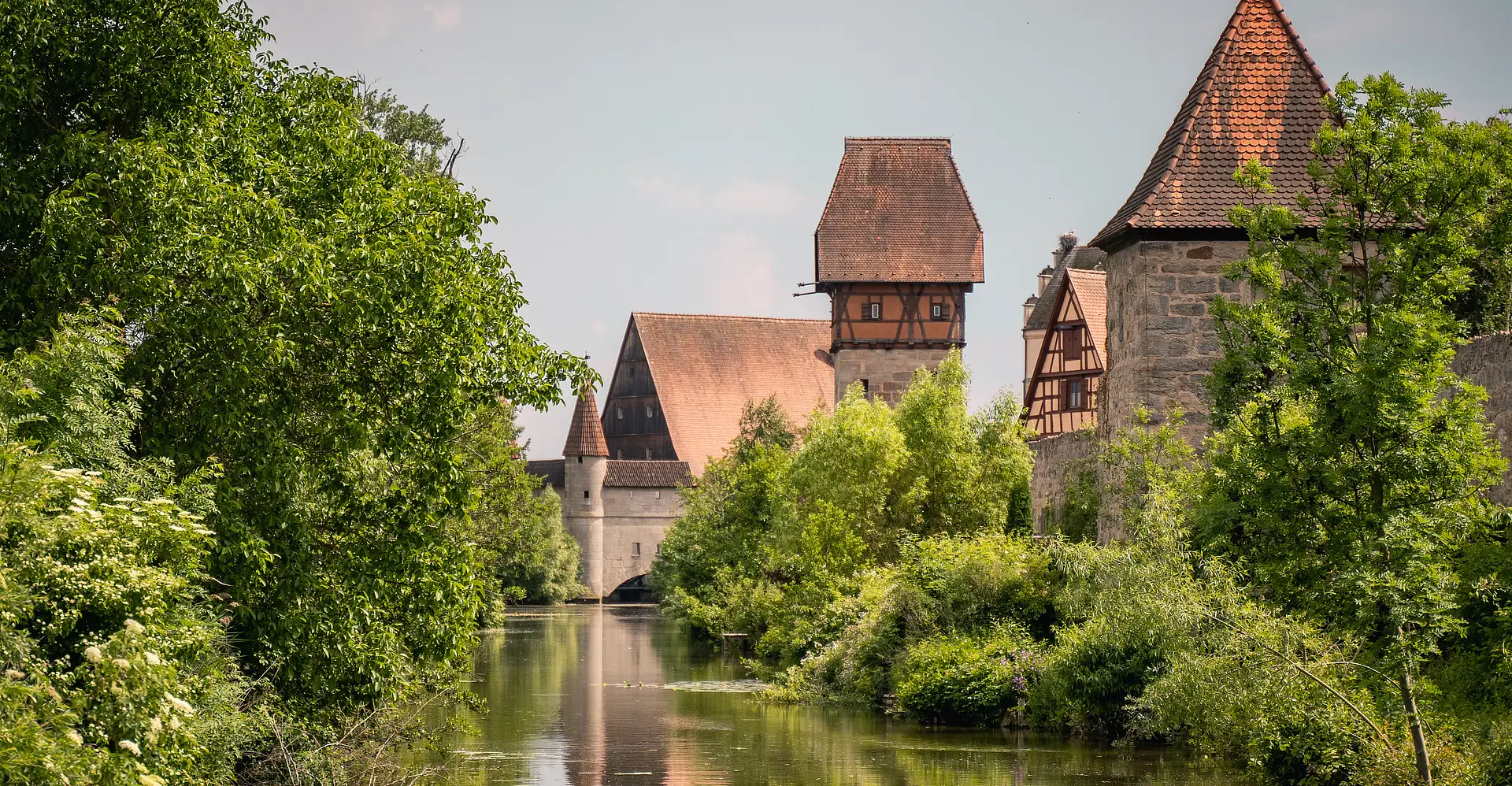 Türme der Dinkelsbühler Stadtbefestigung spiegeln sich im Wasser zwischen grünen Bäumen und Büschen