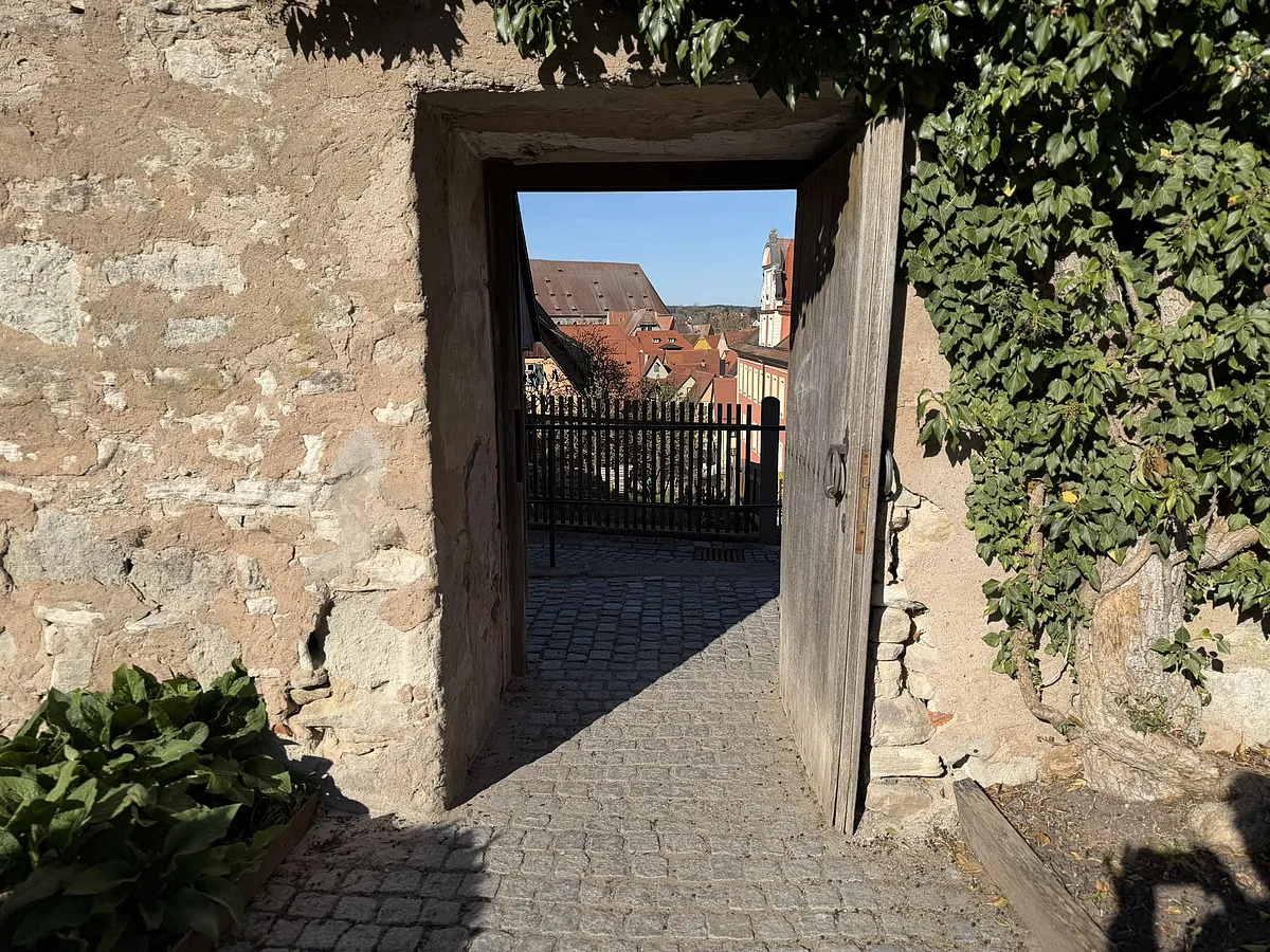 Offene Holztür in der efeubewachsenen Stadtmauer mit Blick über Kopfsteinpflaster und Holzzaun auf rote Dächer der Altstadt