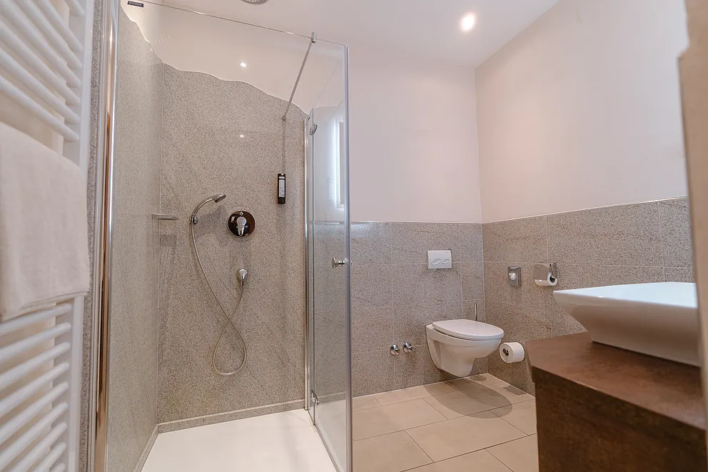 Bad im Komfortzimmer des Stammhauses mit Glasdusche, Wand-WC, Aufsatzwaschbecken und Handtuchheizkörper